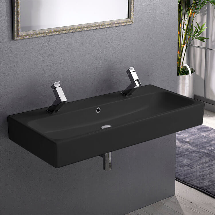 Bathroom Sink, CeraStyle 080507-U-97-Two Hole, Trough Matte Black Ceramic Wall Mounted or Vessel Sink